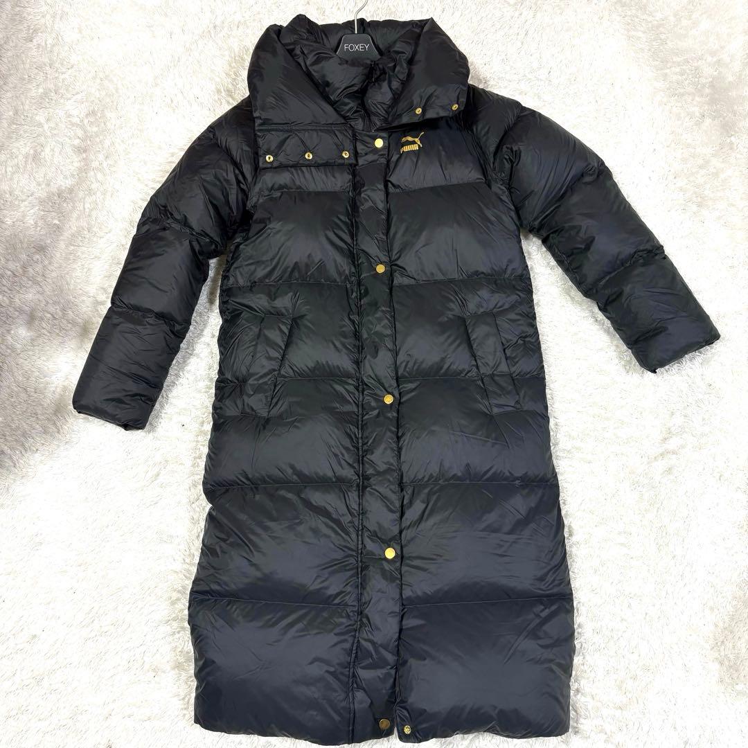 プーマ　ダウン90% ロングベンチコート　2重襟 黒　ゴールド