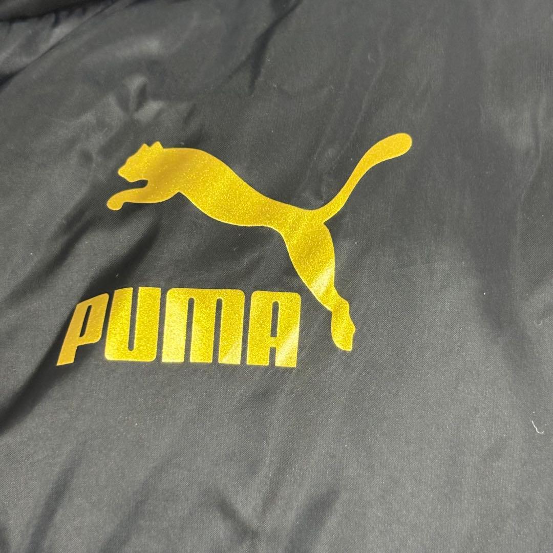 プーマ　ダウン90% ロングベンチコート　2重襟 黒　ゴールド