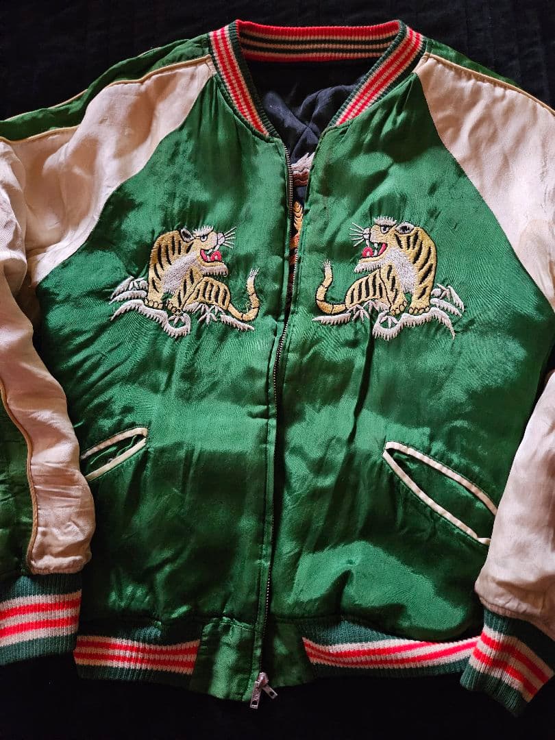 中綿スカジャン 刺繍 グリーン ブラック