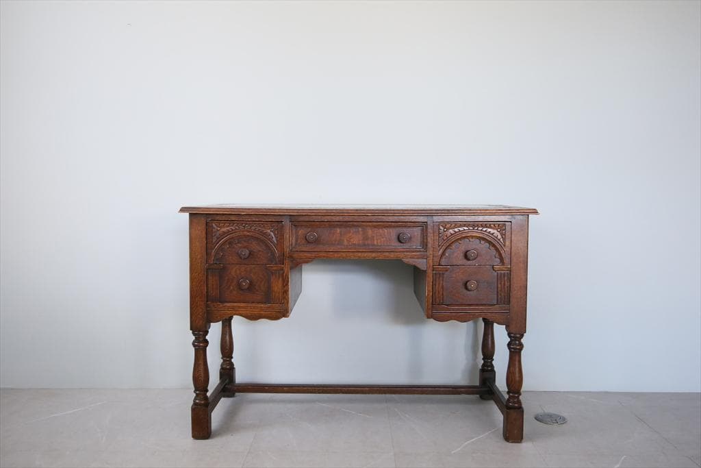 英国アンティーク木製デスク/勉強机/テーブル/飾り棚/オフィス事務(91-200