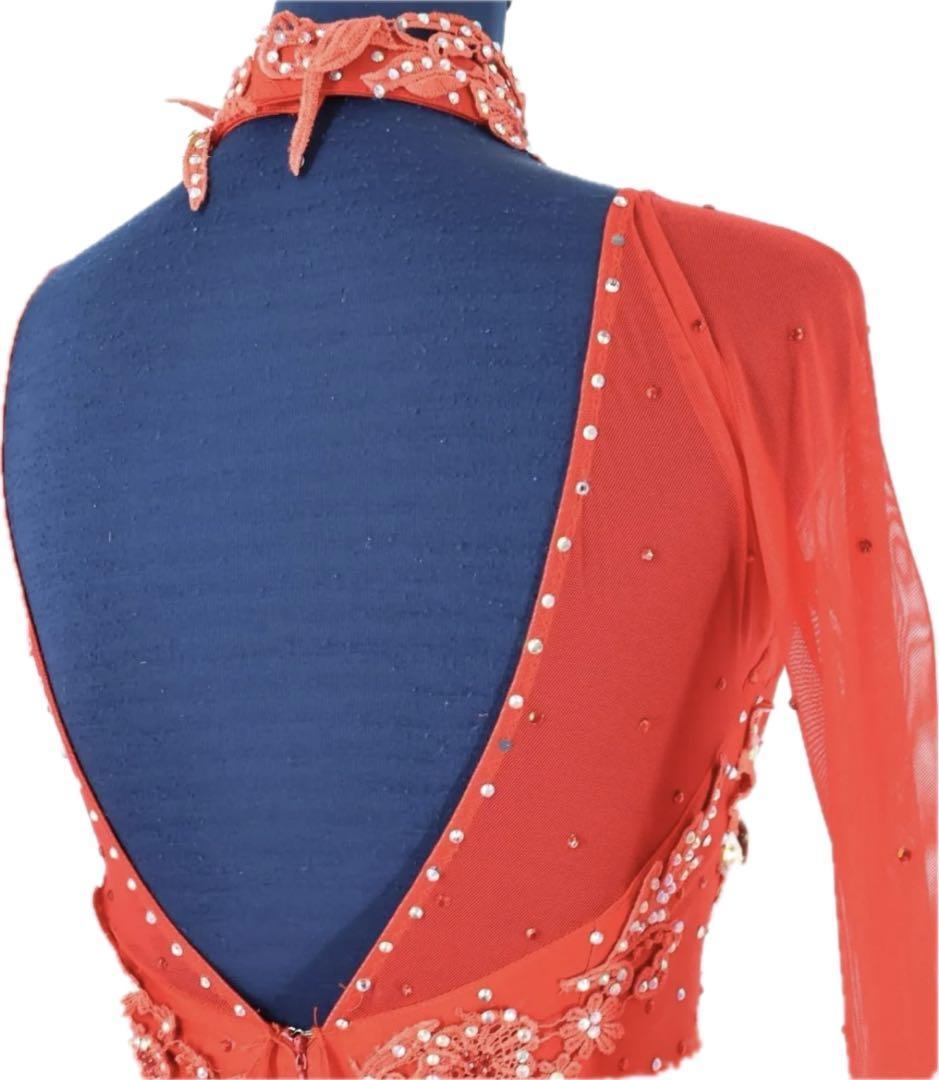 社交ダンスドレス 赤色 ラインストーン刺繍装飾チョーカー フロート付き L