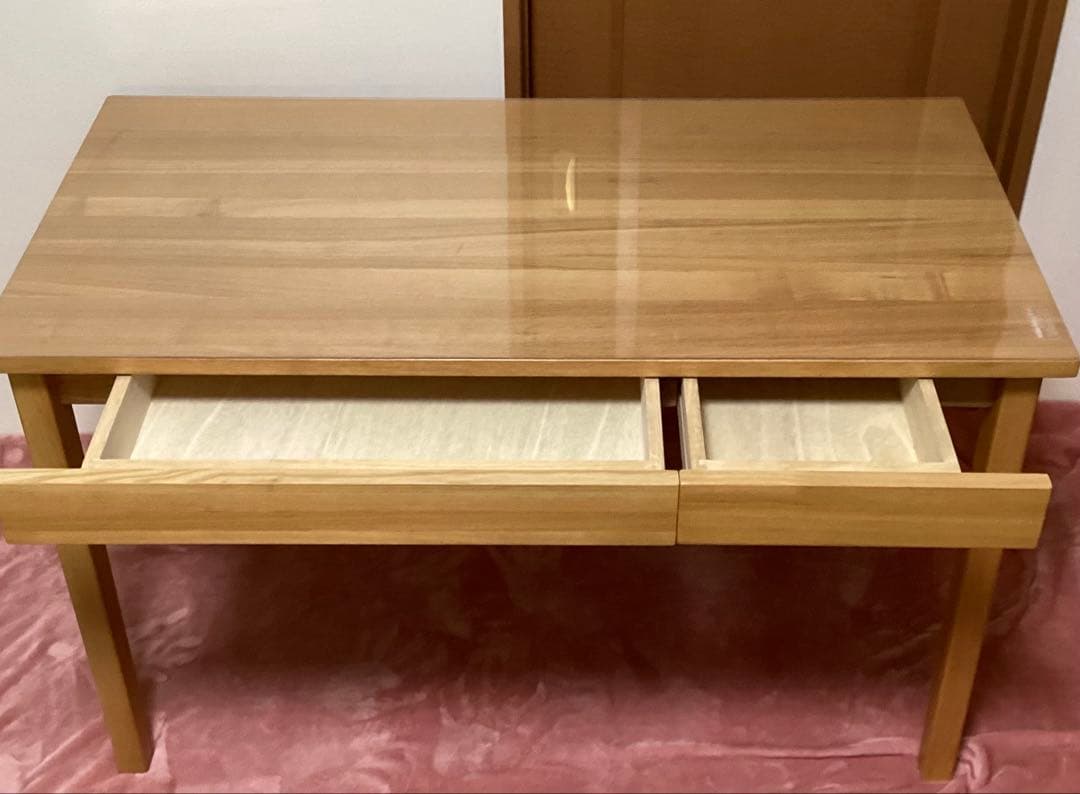 無印良品　2個引き出し付き学習机　透明カバーマット付き　オーク材タモ材？