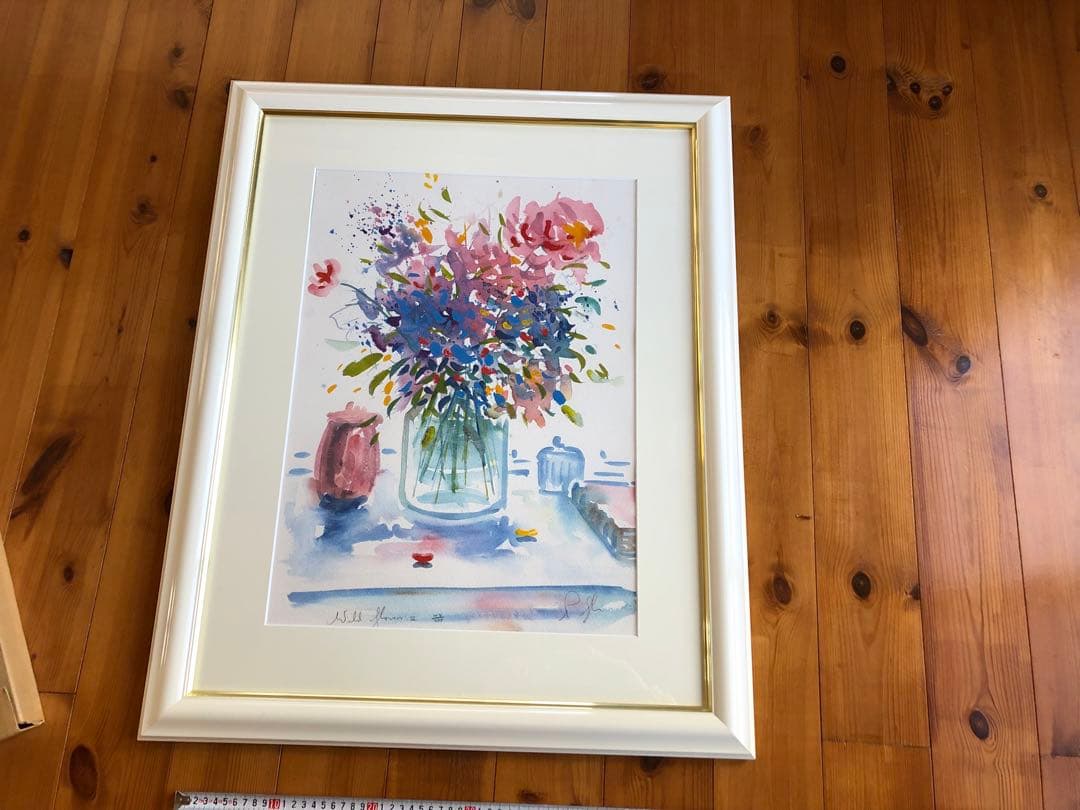 リビングストーン、花束、癒し系作品275/44高級額付き、さし箱付き