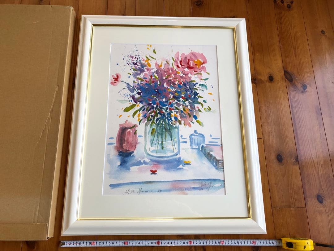 リビングストーン、花束、癒し系作品275/44高級額付き、さし箱付き