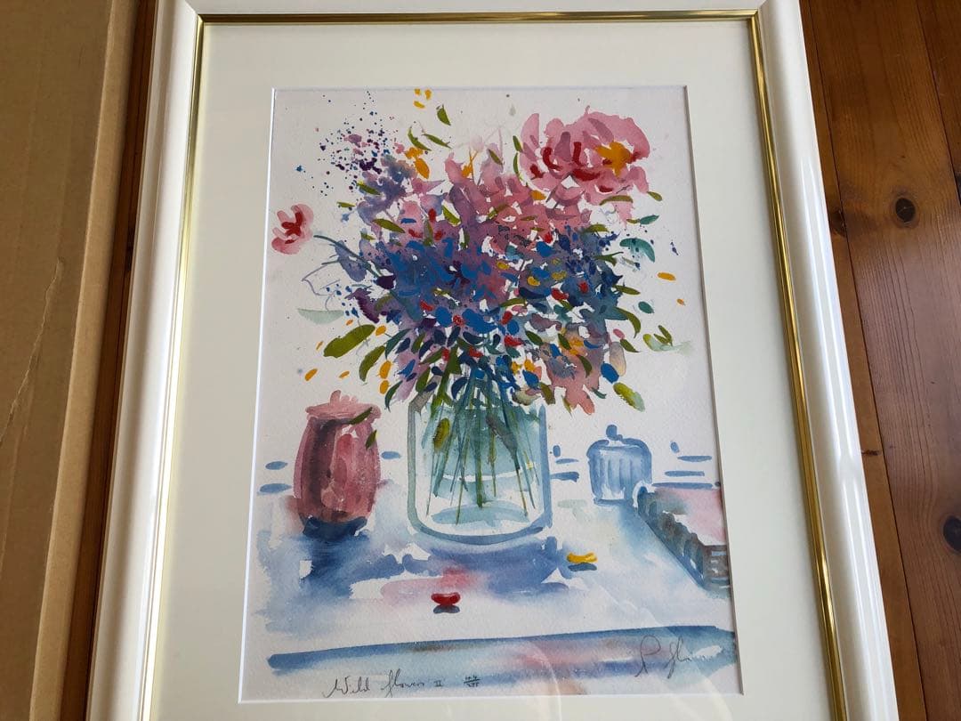 リビングストーン、花束、癒し系作品275/44高級額付き、さし箱付き