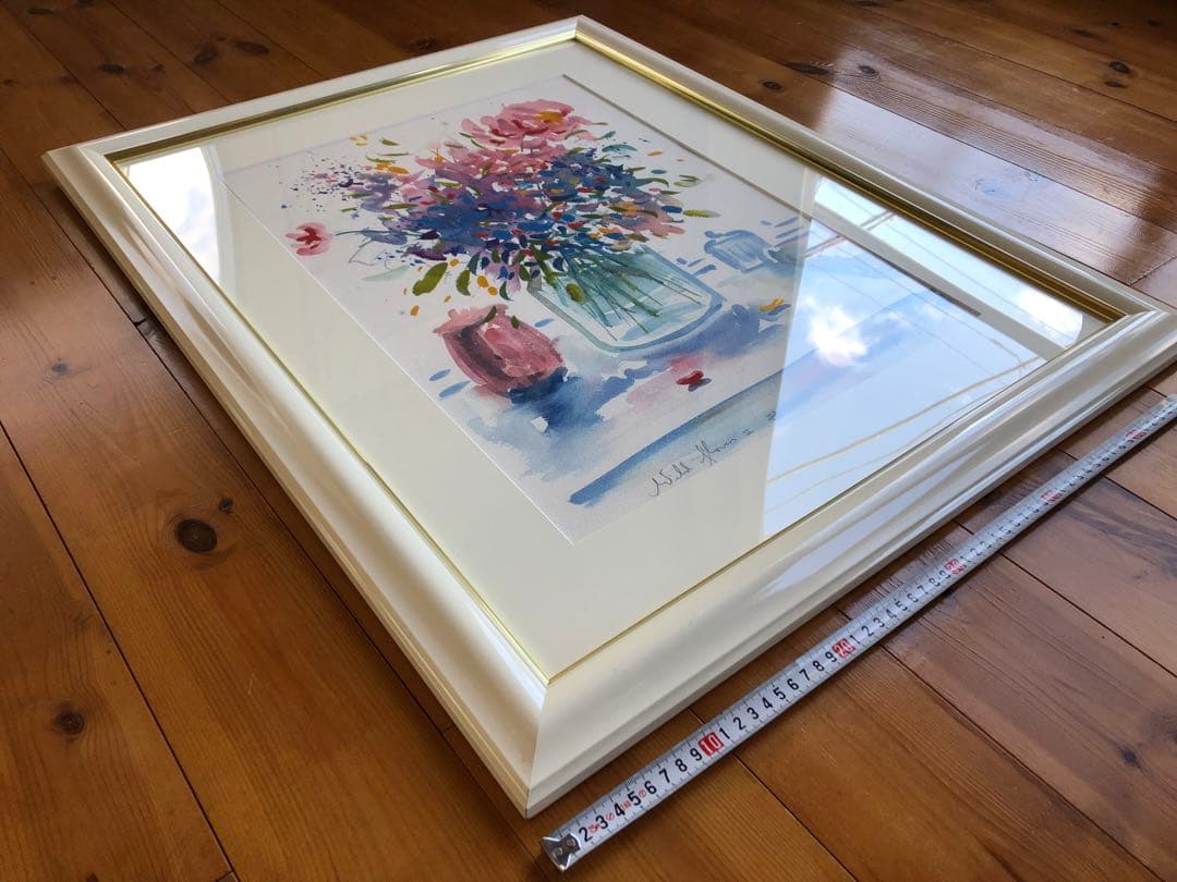 リビングストーン、花束、癒し系作品275/44高級額付き、さし箱付き