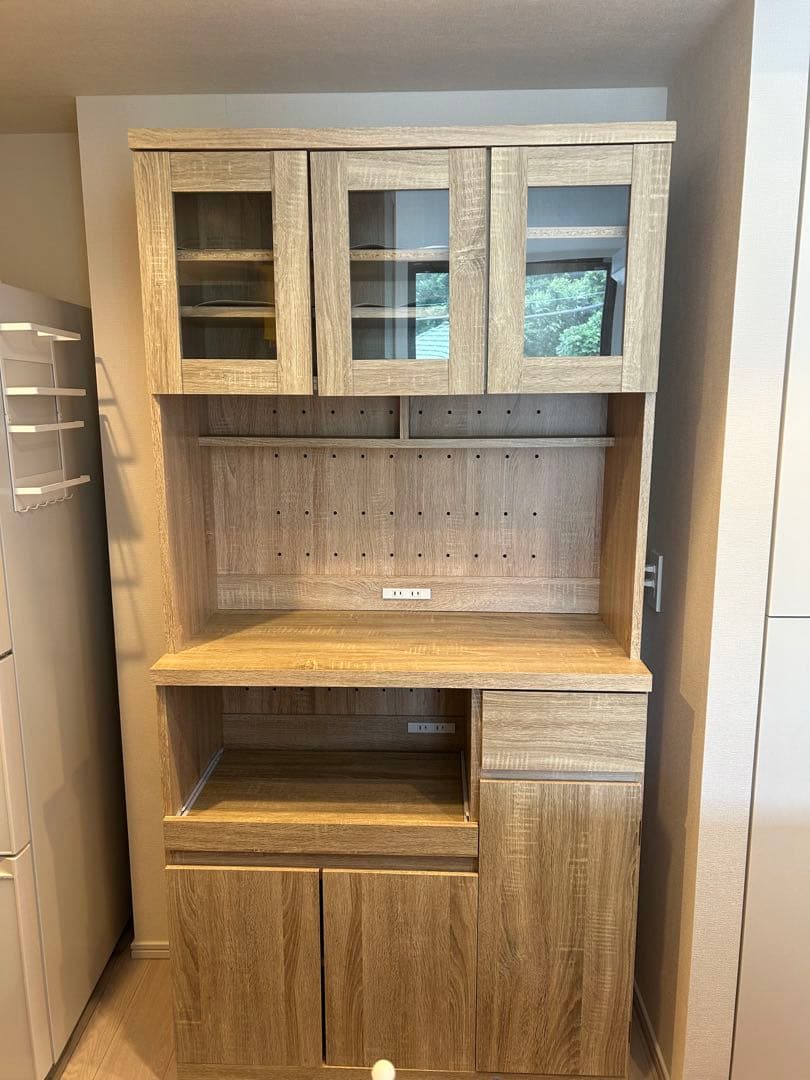 7/15までの出品★LOWYA 木目調キッチン収納 食器棚 キッチン収納 食器棚 キッチンキャビネット ステンレスカウンター付き