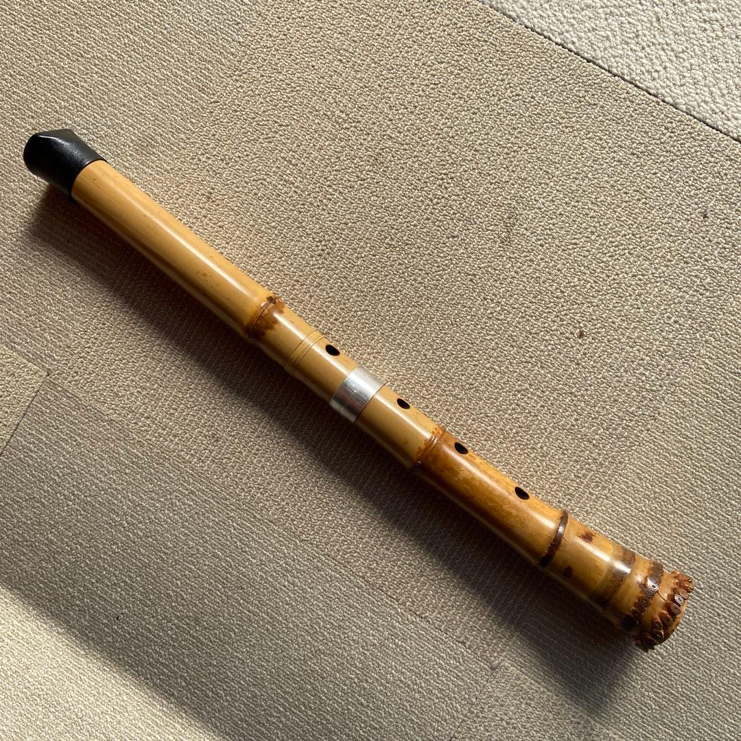 186 尺八　一尺八寸管　玉水銘　歌口金巻き　中継ぎ銀巻き　名管