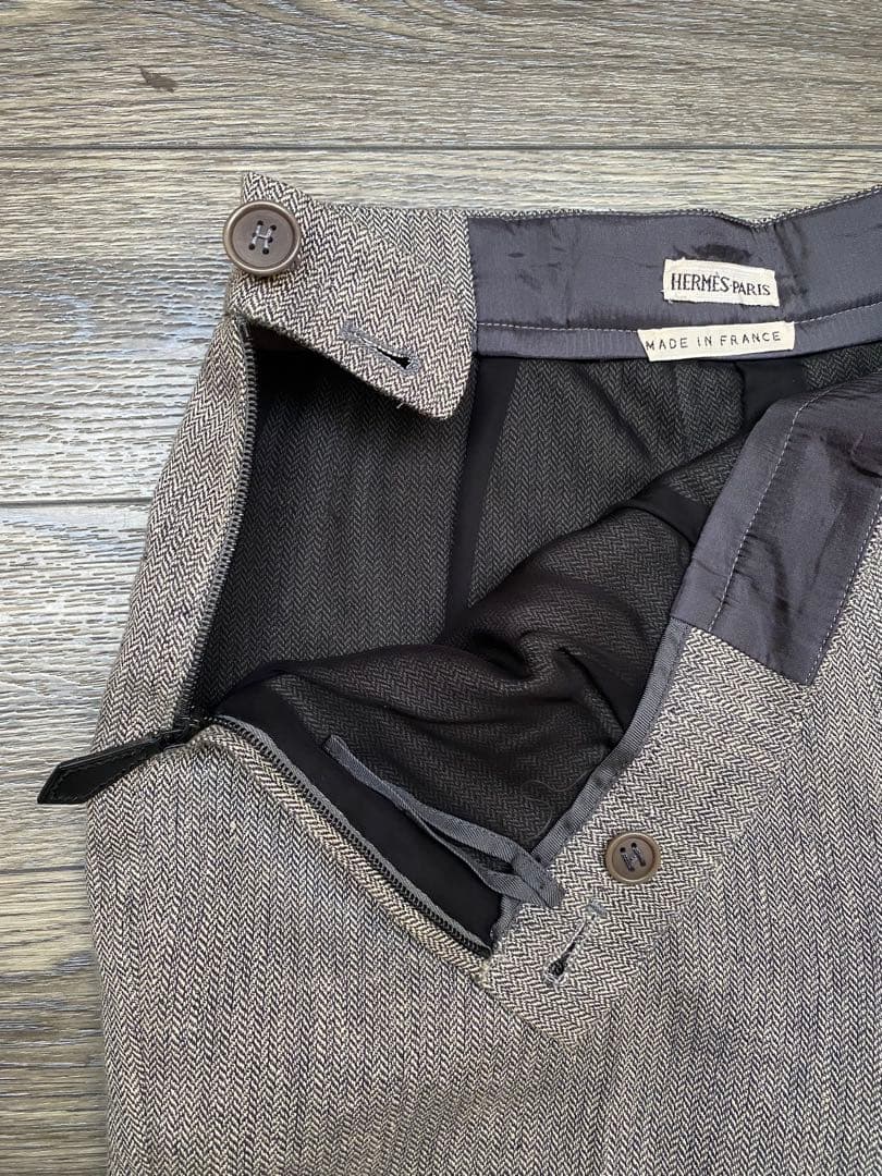 HERMES エルメス　皮モチーフ付　スラックス　パンツ　織り柄 XS