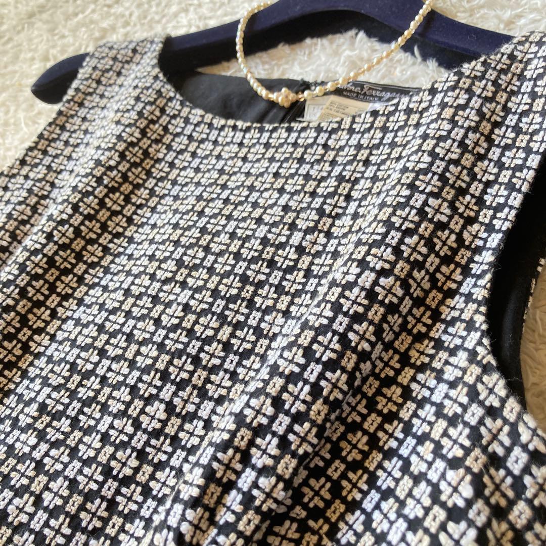 美品✨大きいサイズ42 フェラガモ ミックスツイード　膝丈ワンピース