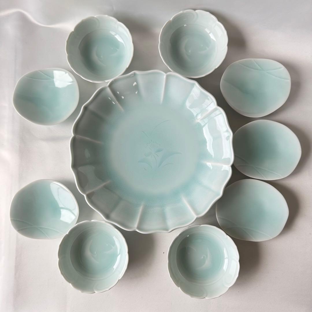 有田焼 藤巻窯 潯陽窯 青白磁 大皿 小鉢 三つ足 銘々皿 高台付き小皿