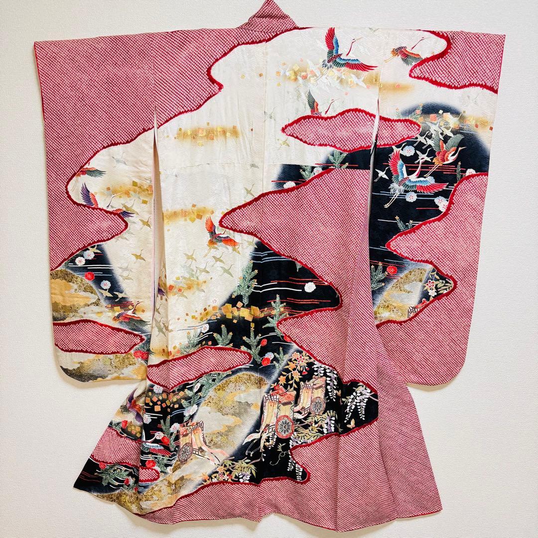 美品　振袖セット　絞り　地紋　鶴　御所車　成人式　結婚式　長襦袢付き　正絹