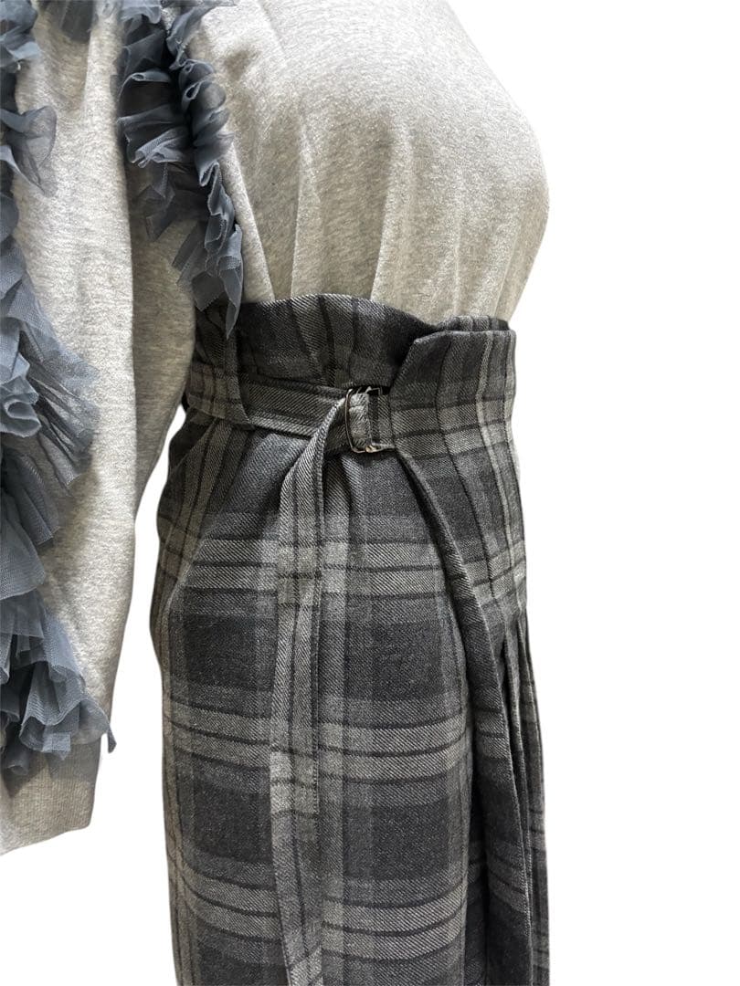 ◎ワイズY's タータンチェックキルトラップスカート 濃淡グレー3