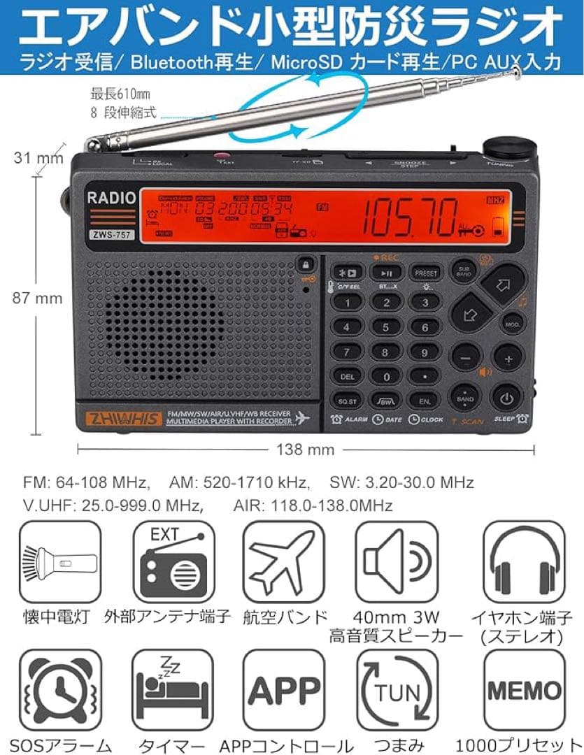 ZHIWHIS 高性能マルチバンドラジオ エアバンド受信機 ZWS-757