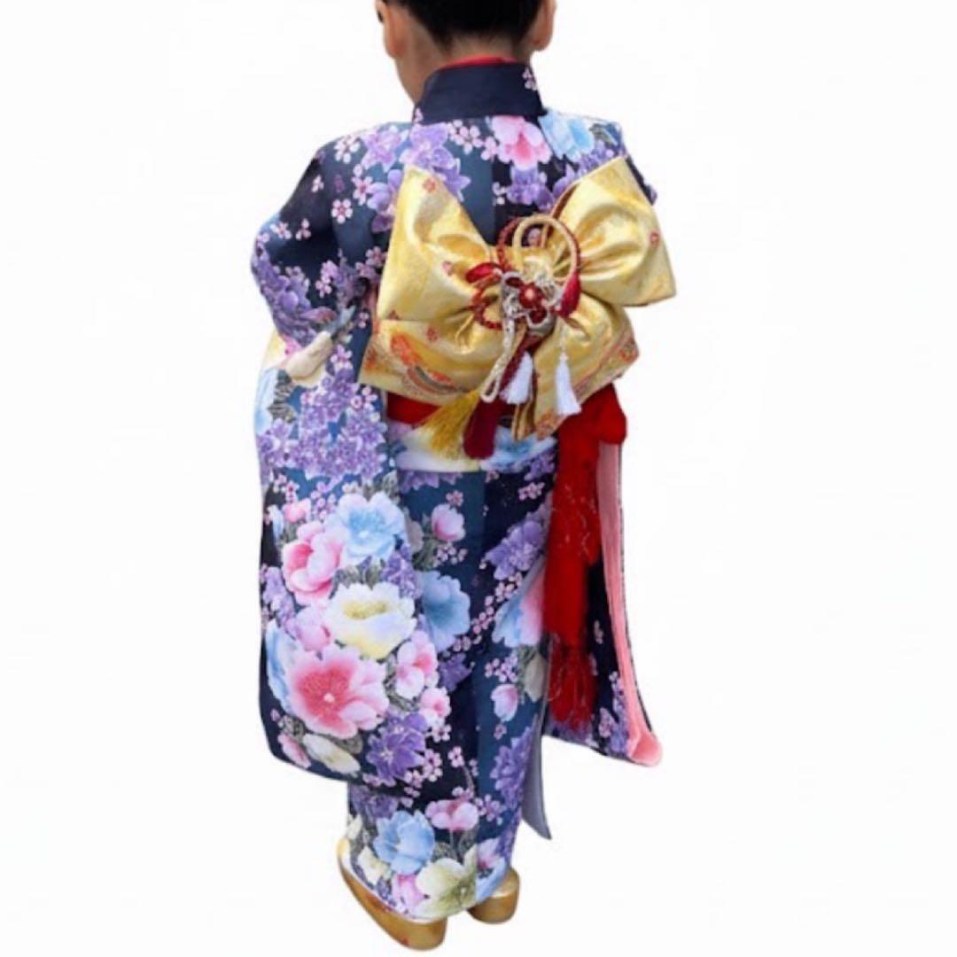七五三　7歳　女の子　紫　青　四つ身　着物　作り帯　セット　753 七歳