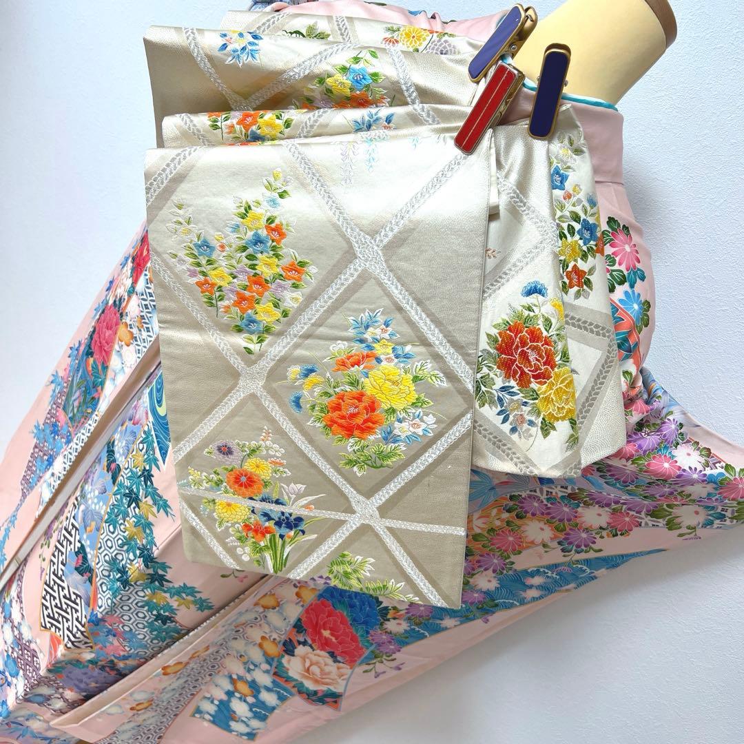 435 振袖フルセット 正絹 難あり 桃 ピンク 水色 紫 カラフル