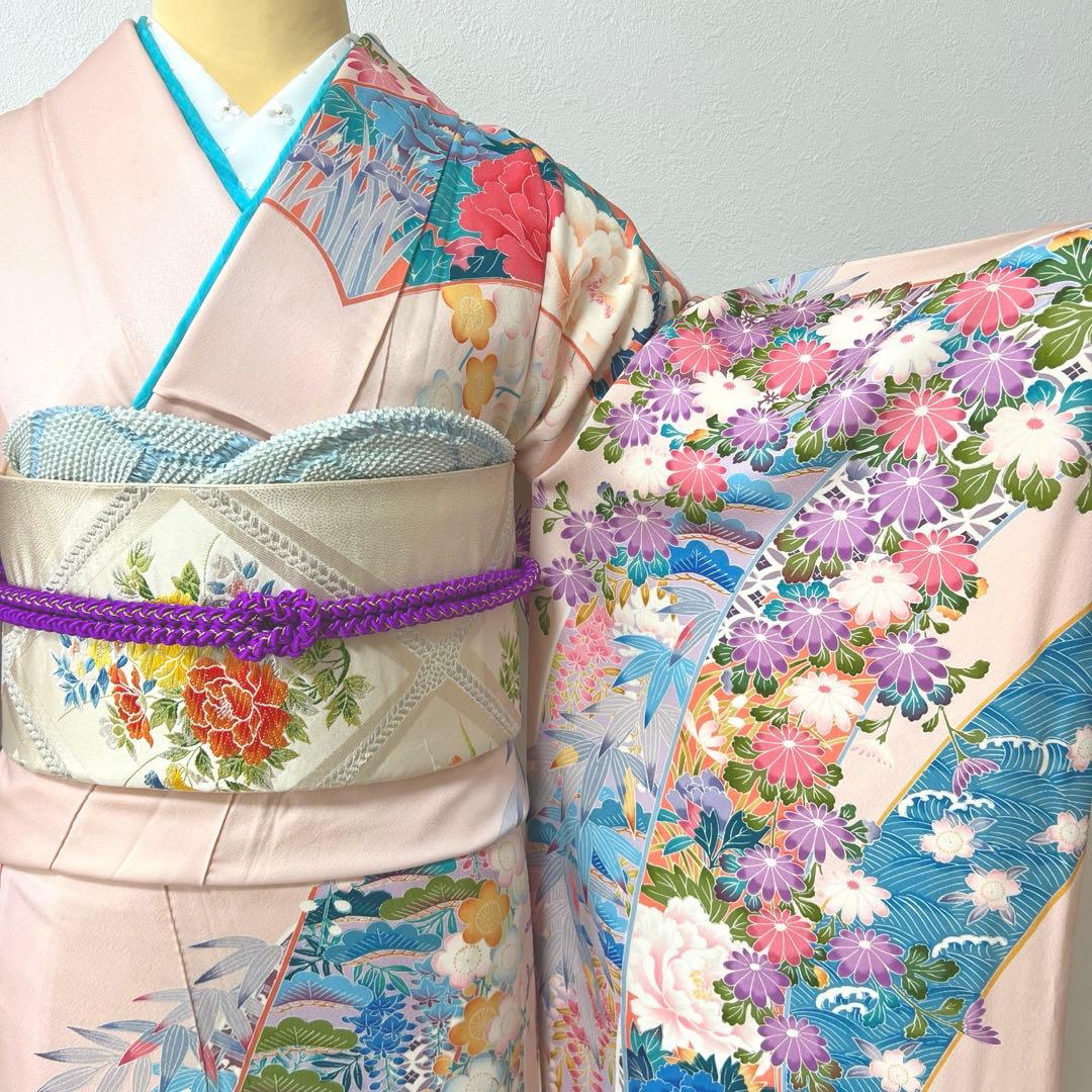 435 振袖フルセット 正絹 難あり 桃 ピンク 水色 紫 カラフル