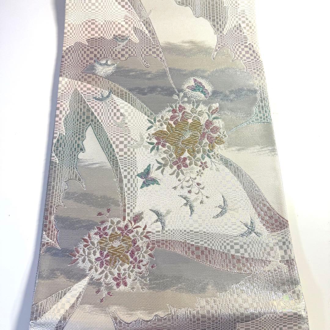 5k2218 袋帯 絹 西陣織 まいづる謹製 彩 唐織 銀色 金色 白 緑 青