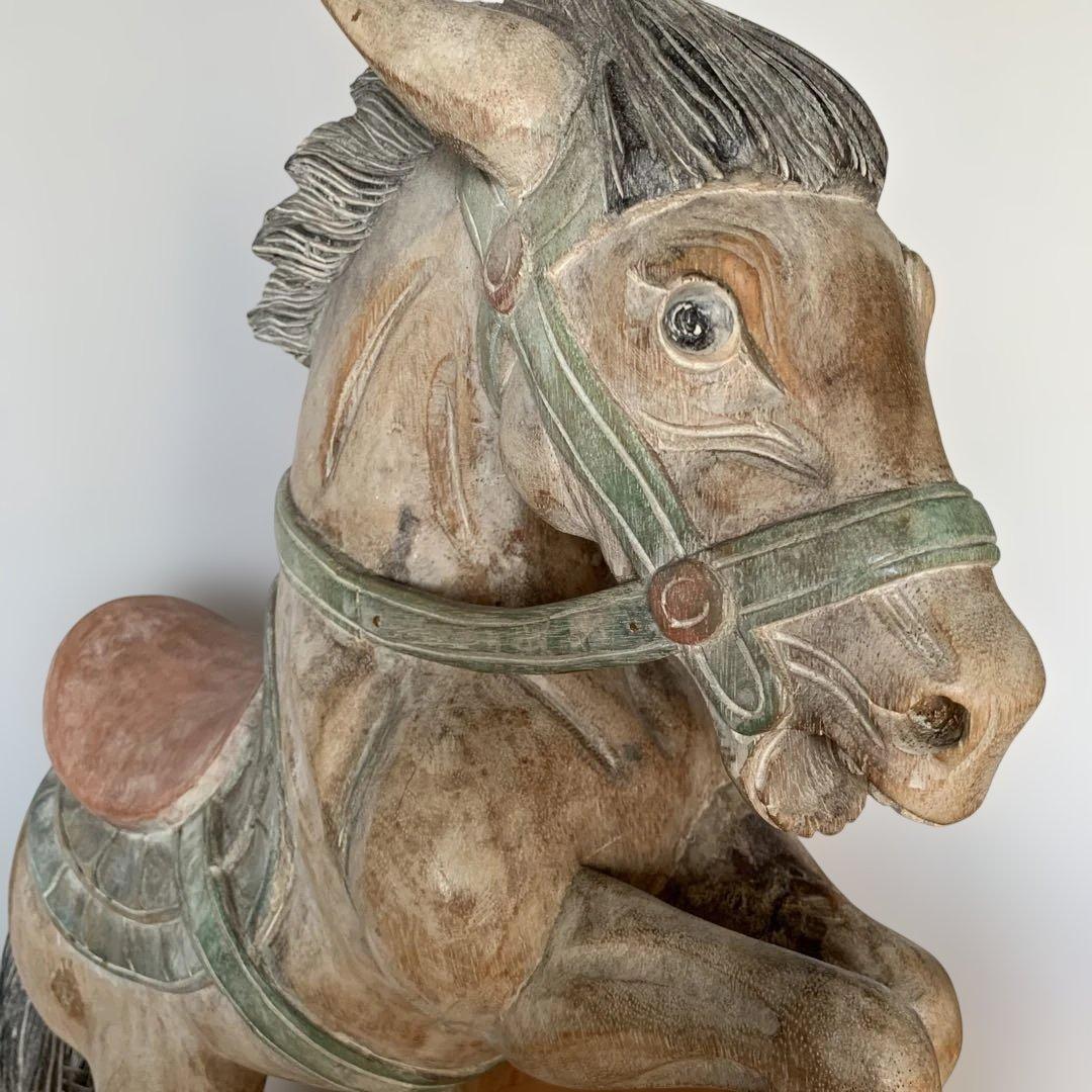 木製馬の彫刻 立ち上がりデザイン 高さ 約64cm シャビー オブジェ　店舗什器