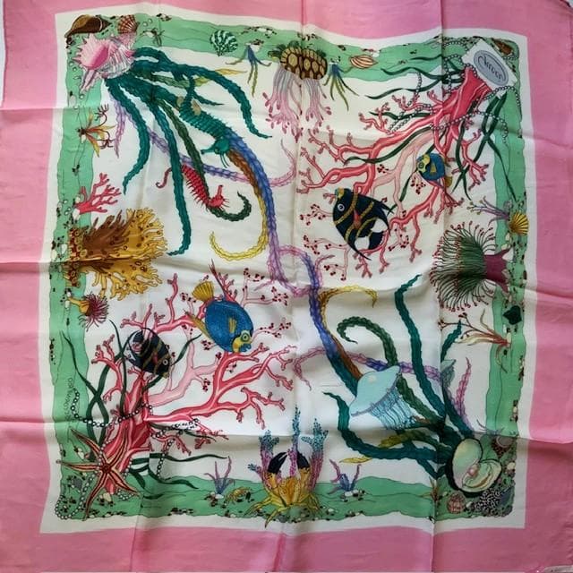 GUCCI ヴィンテージ 海洋生物 サンゴ柄 シルクモスリン シフォン スカーフ
