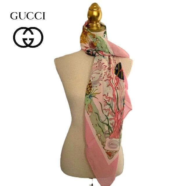 GUCCI ヴィンテージ 海洋生物 サンゴ柄 シルクモスリン シフォン スカーフ