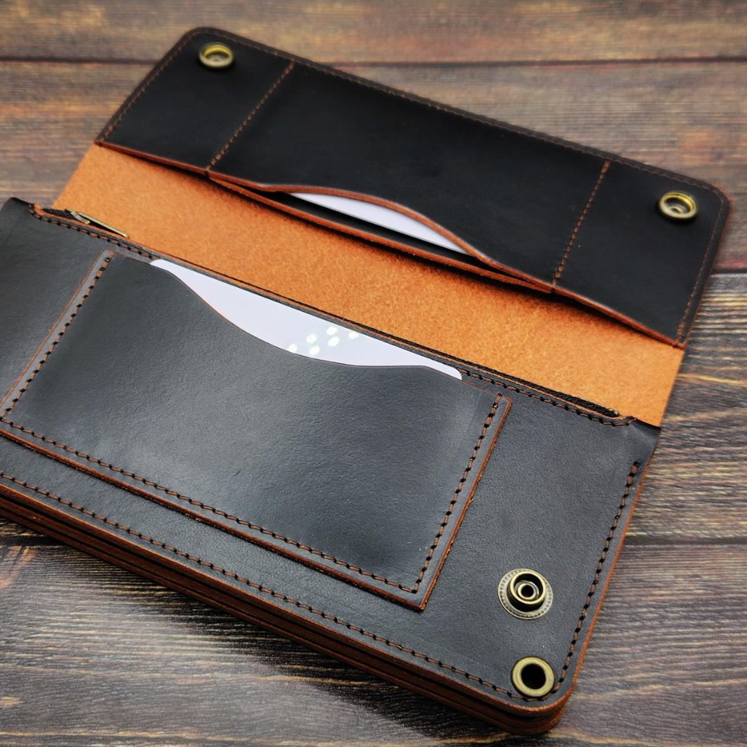 ロングトラッカーウォレット 栃木レザー ハンドメイド 本革 茶芯ブラック