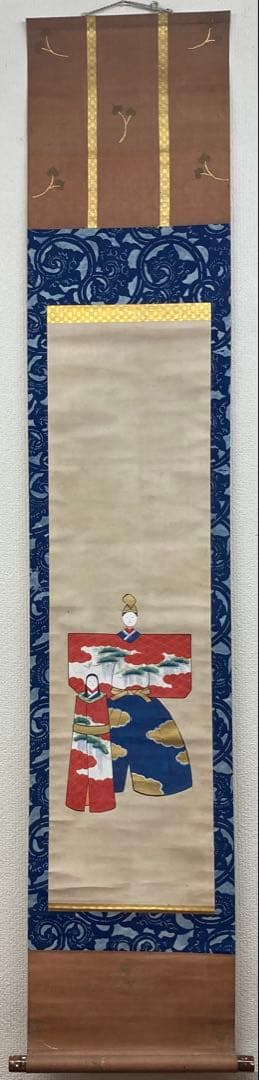 B316b「古画 色彩立雛図」掛軸　作者不詳　桃の節句　葵紋竹屋町裂・和紙表装