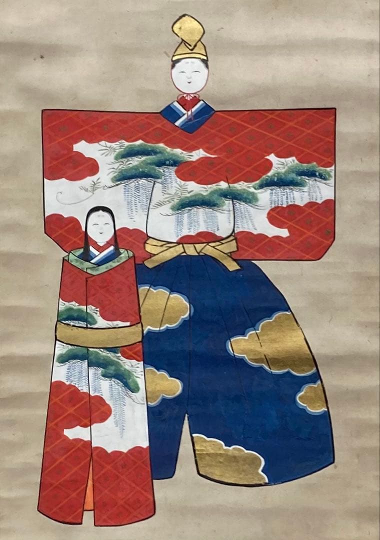 B316b「古画 色彩立雛図」掛軸　作者不詳　桃の節句　葵紋竹屋町裂・和紙表装
