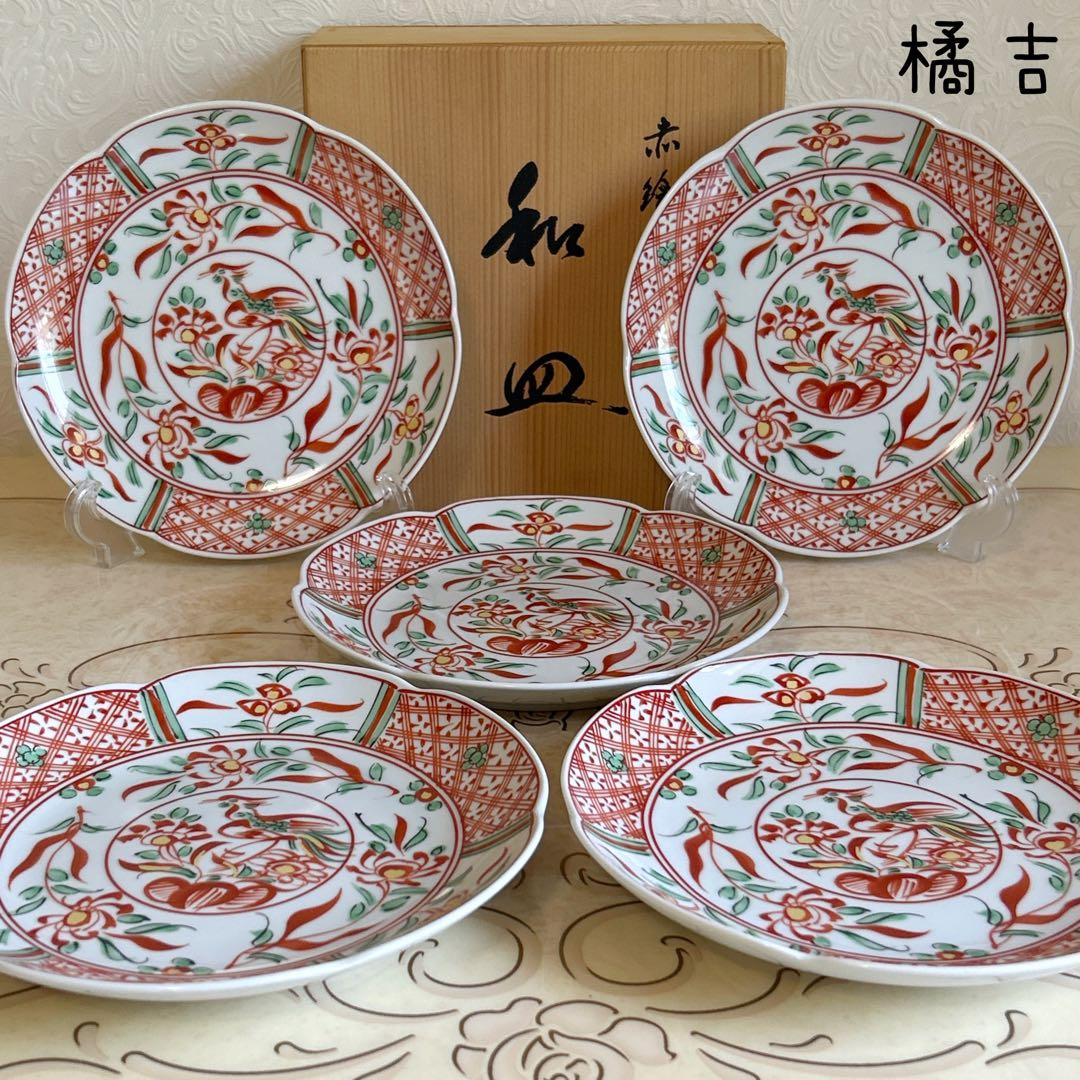 たち吉 赤絵花鳥 中皿 5枚セット 輪花皿 和食器 色絵 古伊万里 和皿