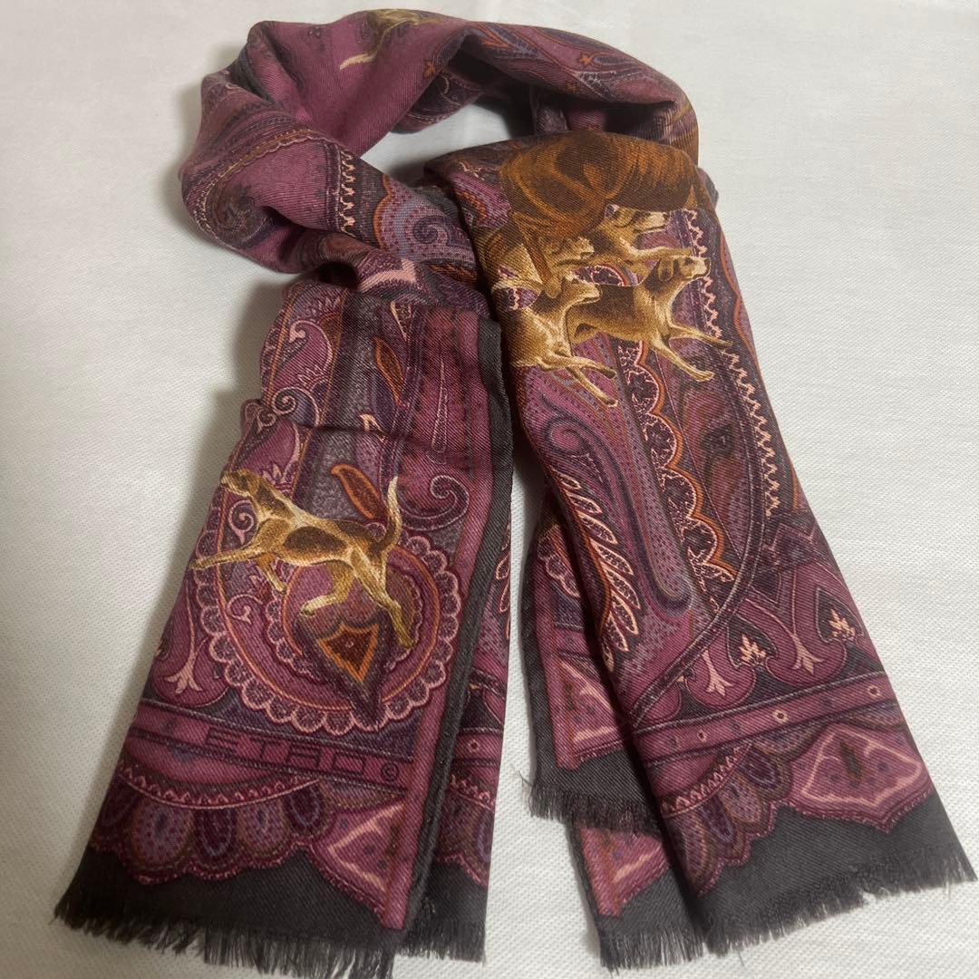 希少】ETRO エトロ スカーフ ペイズリー×ハンティング柄 ウールシルク