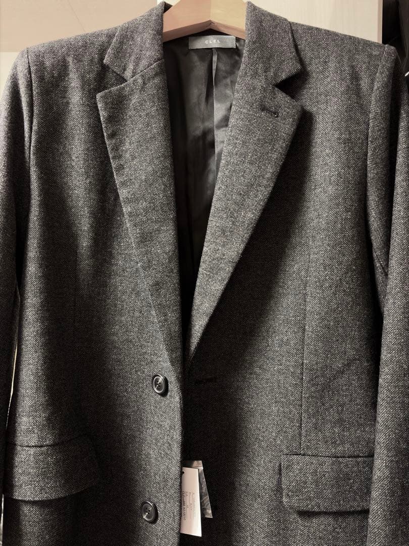 CLEL】ウールブレンド ヘリンボーンツイードコート ブラック系 XS