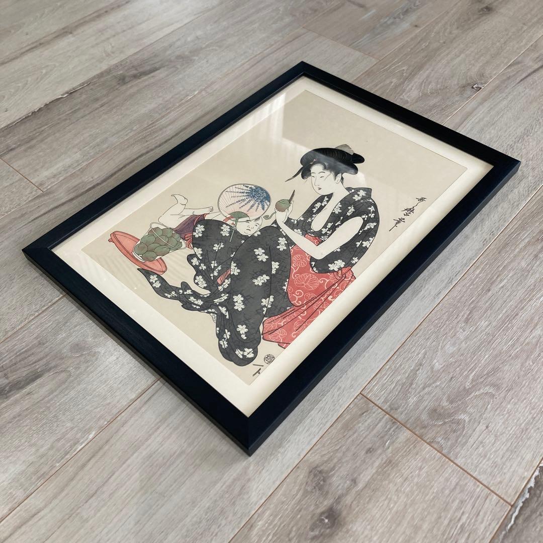 喜多川歌麿 手摺木版画 『桃をむく母子』悠々洞出版 昭和時代 浮世絵