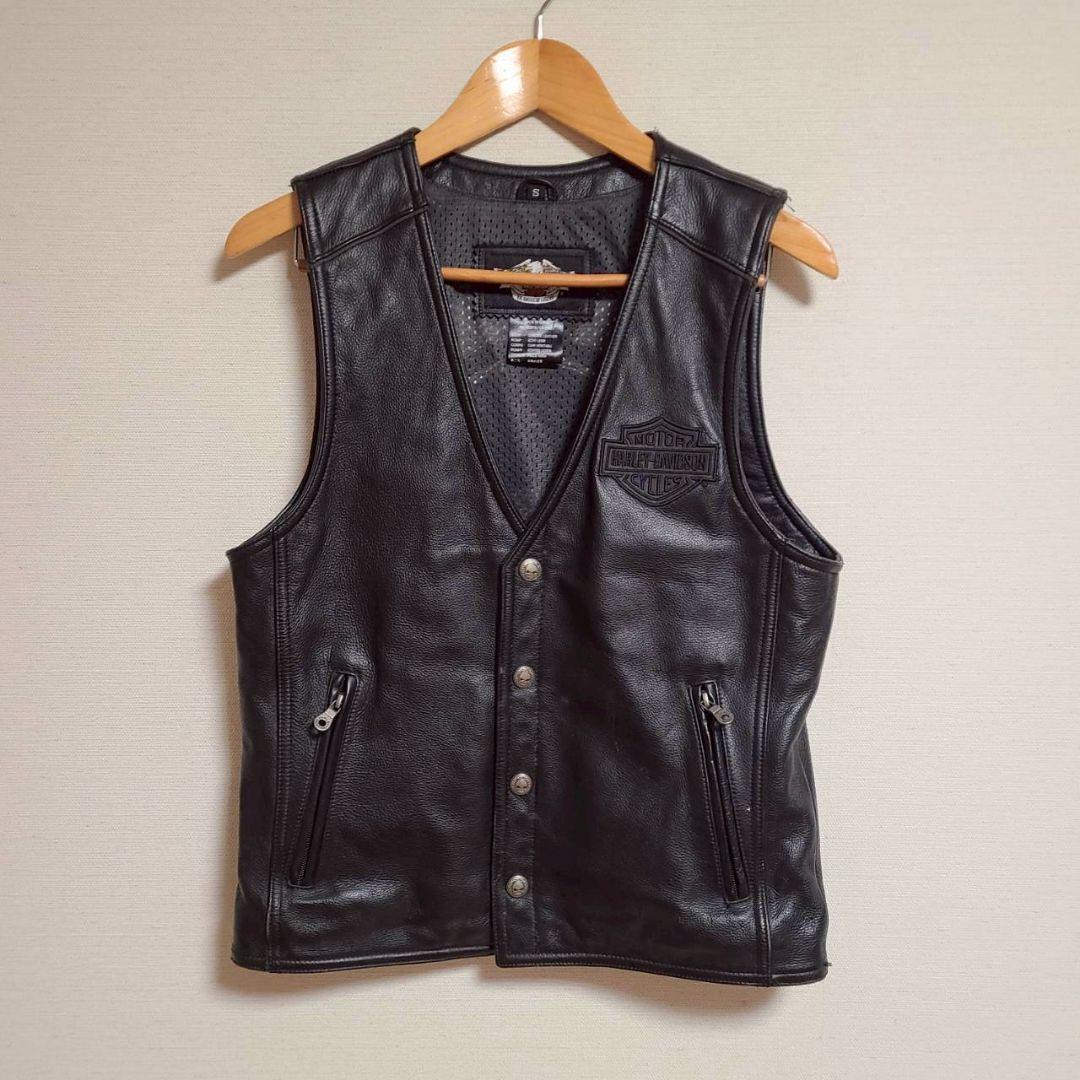 ハーレーダビッドソン レザー ベスト ノーカラー S 黒 本革 ロゴ スカル