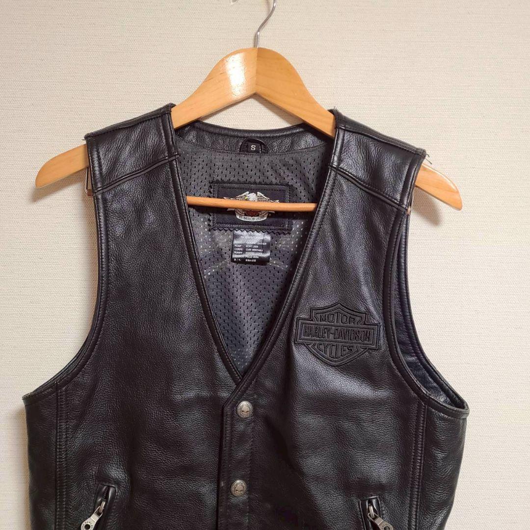 ハーレーダビッドソン レザー ベスト ノーカラー S 黒 本革 ロゴ スカル