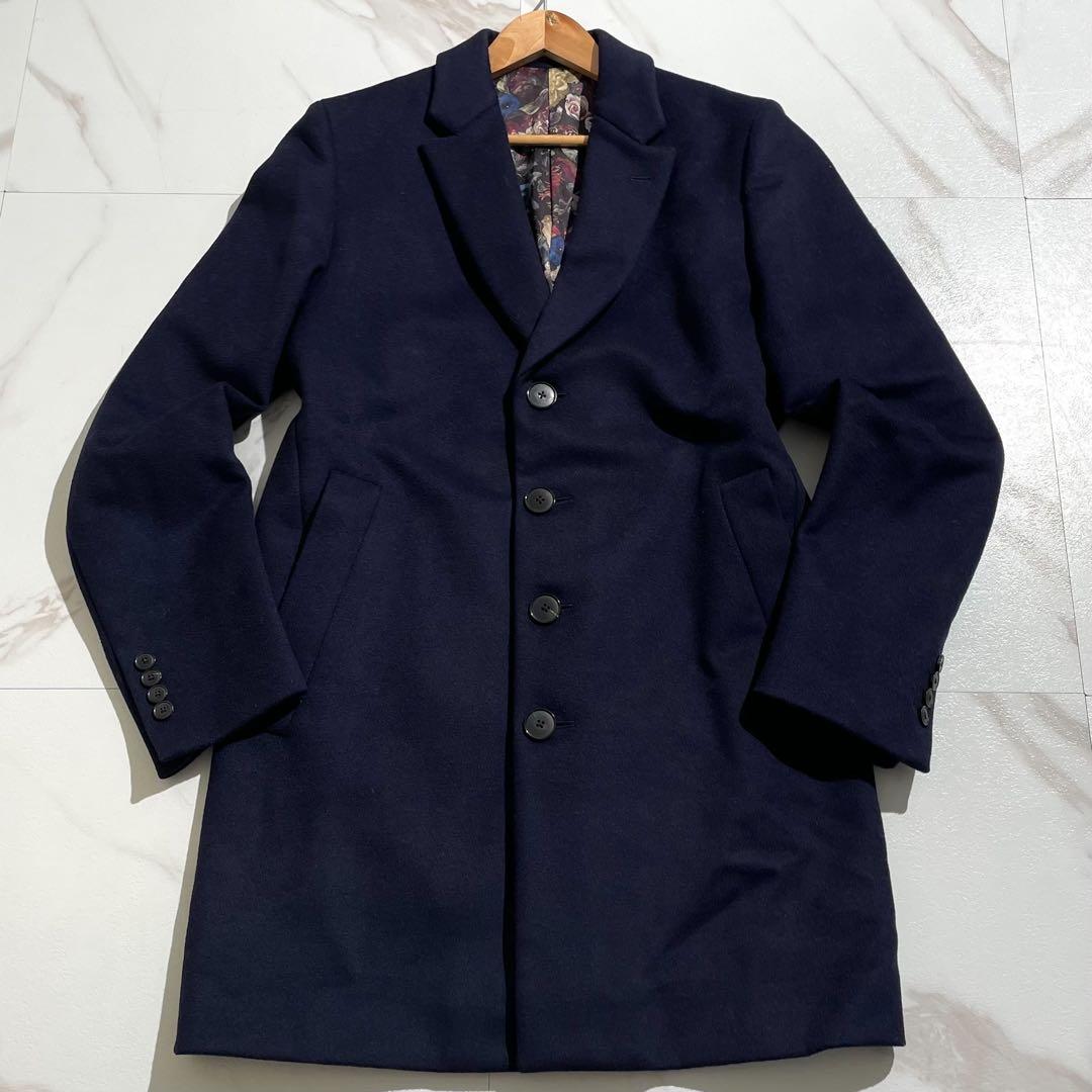 美品 ポールスミス 花柄 チェスターコート ロング丈 ネイビー アウター