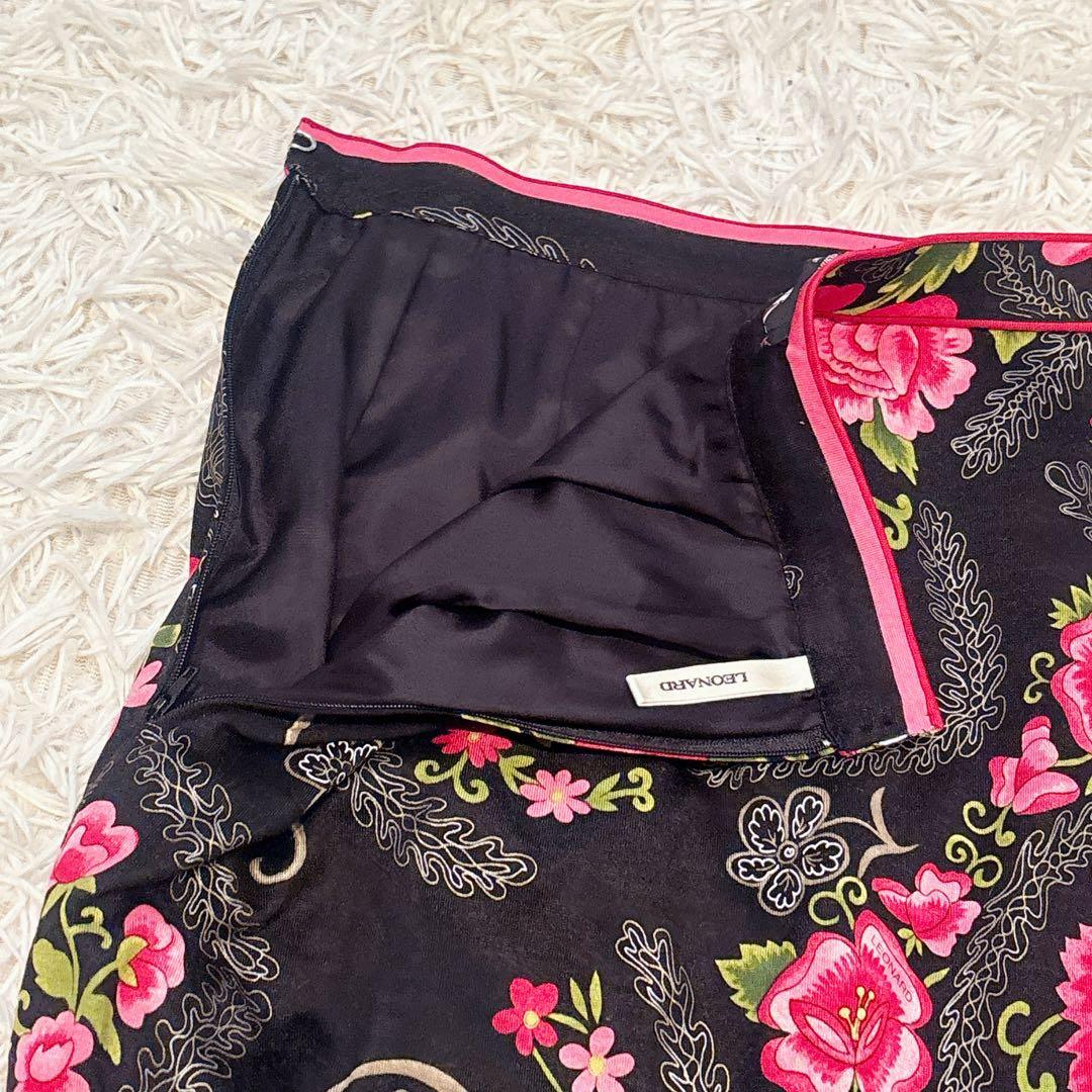 未使用級✨レオナール ウール シルク スカート トリム 花柄 黒 レディース