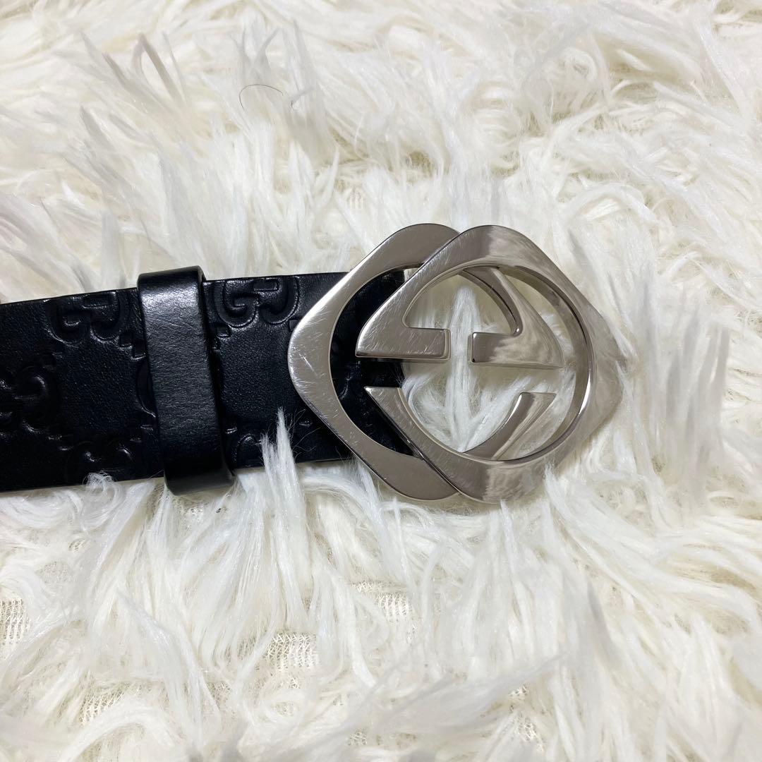 グッチ ベルト インターロッキング シマ GG レザー シルバー ブラック