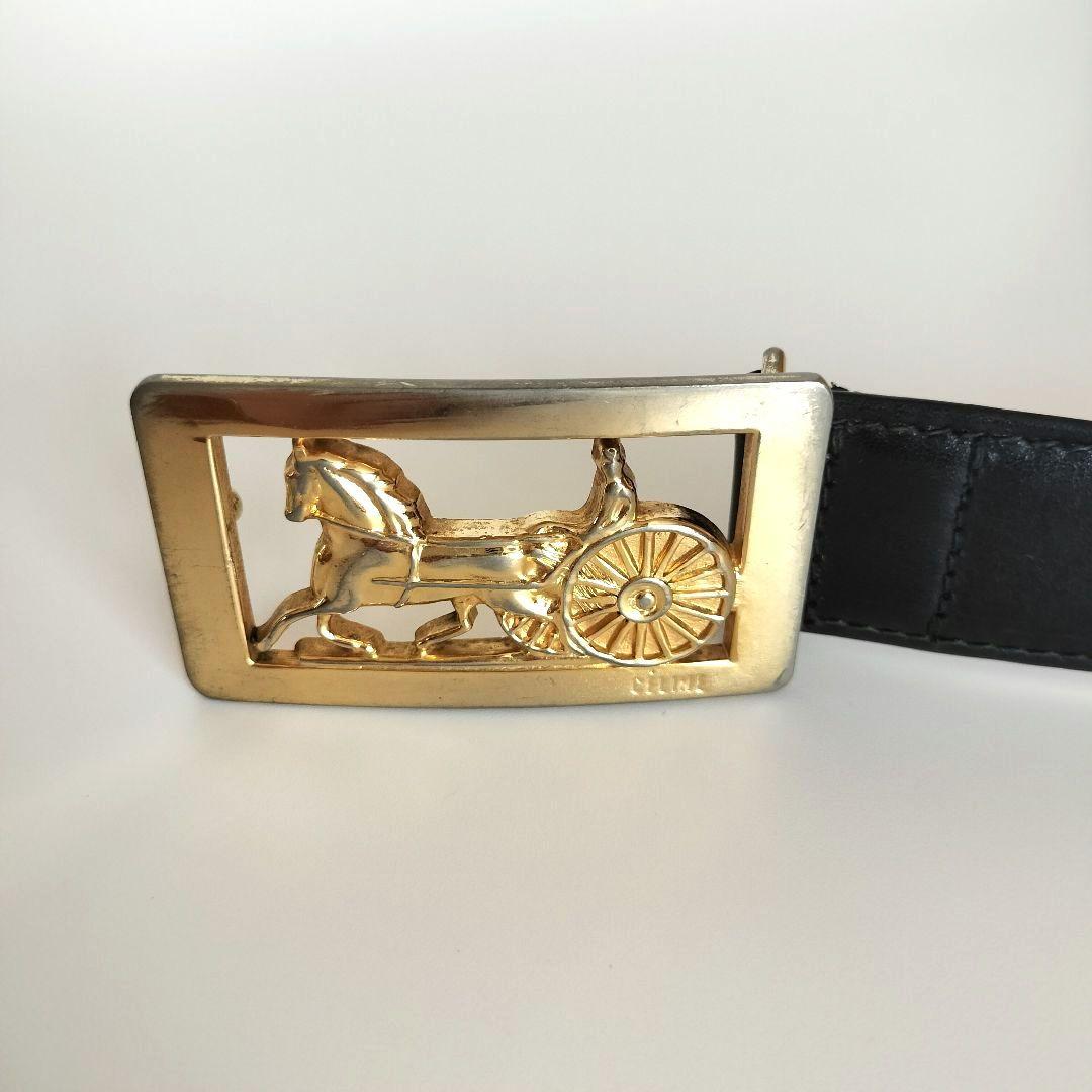 セリーヌ CELINE 馬車金具 ベルト レザー ブラック ゴールド バックル