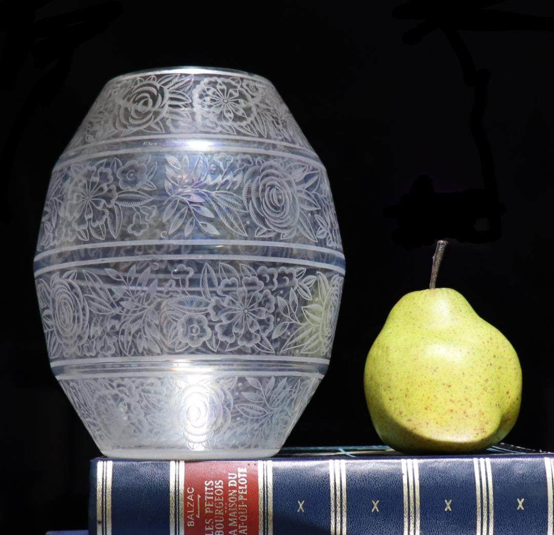 オールド・バカラ 1930年 大型薔薇文エッチング花瓶 壺 花器 フラワーベース