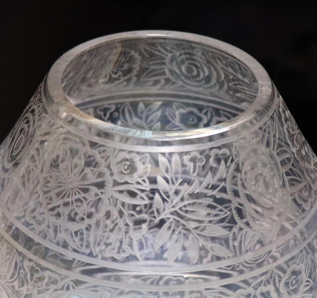 オールド・バカラ 1930年 大型薔薇文エッチング花瓶 壺 花器 フラワーベース