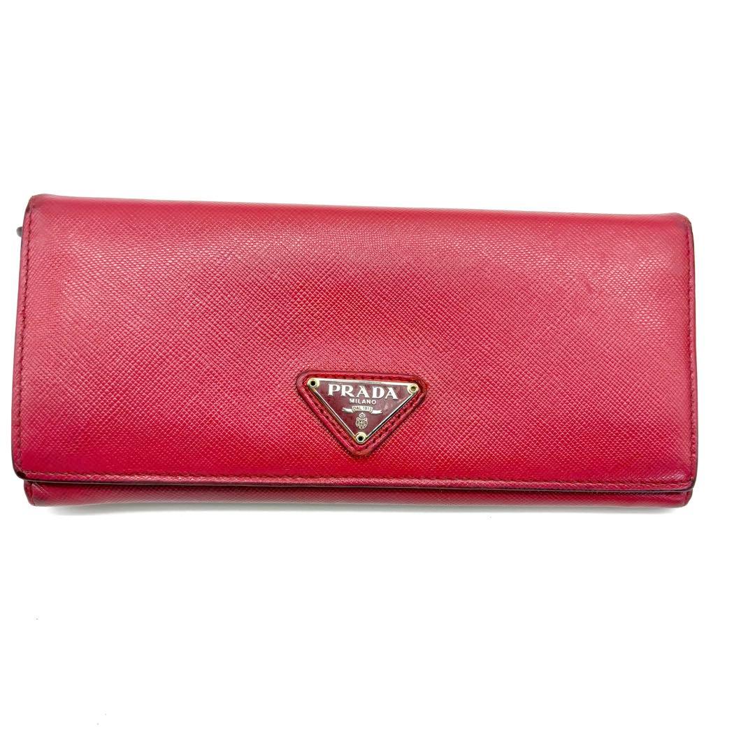 【美品】PRADA　長財布　サフィアーノレザー　三角ロゴ　赤　ゴールド　二つ折り