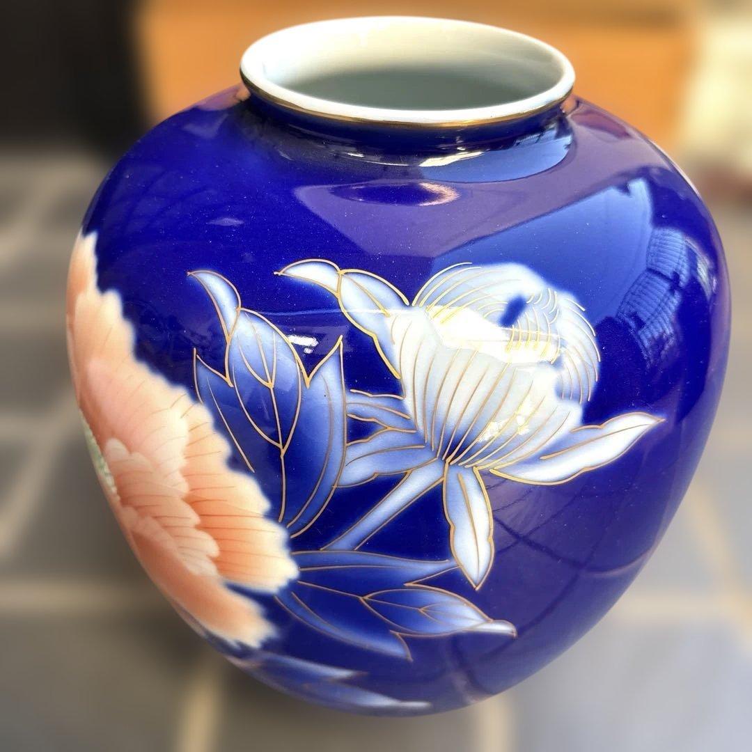 新品未使用】深川製磁 花瓶 花器 壺 百合 青 金彩 金縁 インテリア