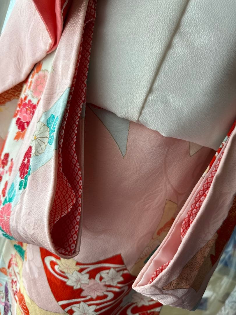 3歳用 七五三セット ピンクに熨斗柄キモノとアイボリーの被布、長襦袢3点セット