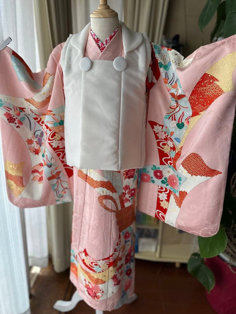 3歳用 七五三セット ピンクに熨斗柄キモノとアイボリーの被布、長襦袢3点セット