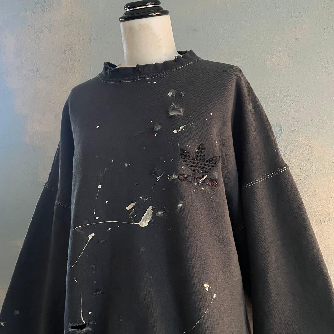 80s 万国旗“adidas”墨黒“XL“USA製“ペンキ”boro sweat