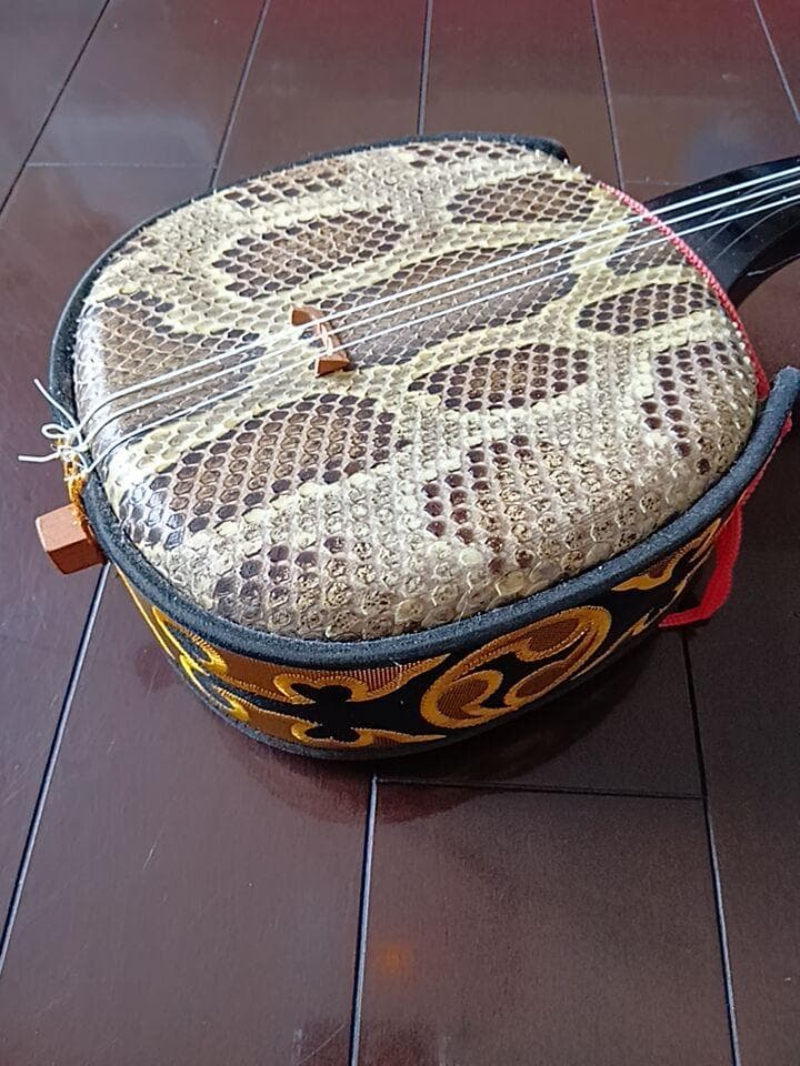 【中古・美品】沖縄 三線 本革 本蛇皮 和楽器 ハードケース＋付属品付