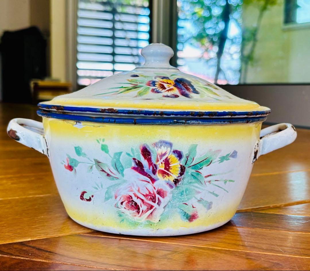 フランスアンティーク ホーロー パンジーの小さなお鍋 イエロー