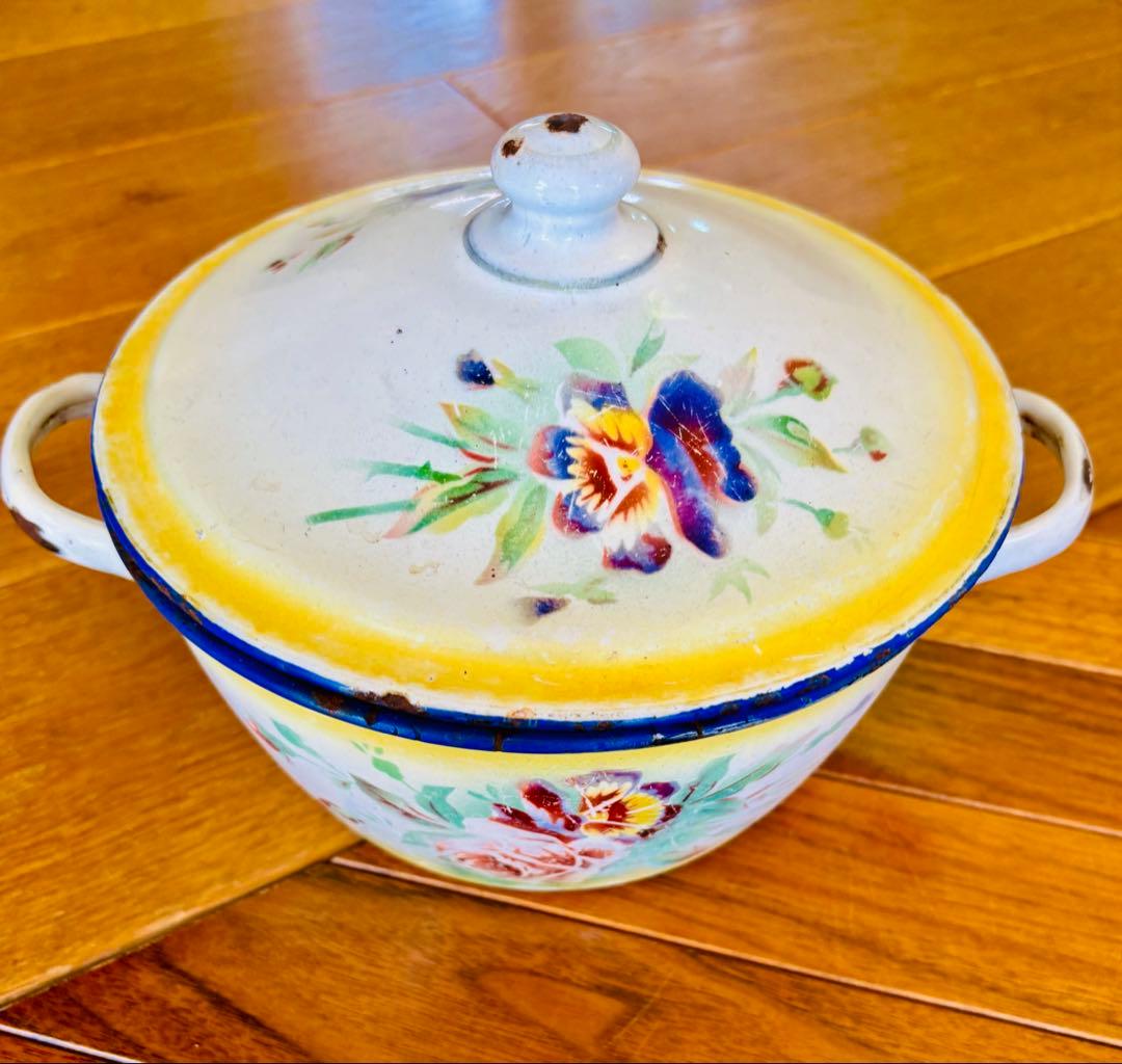 フランスアンティーク ホーロー パンジーの小さなお鍋 イエロー