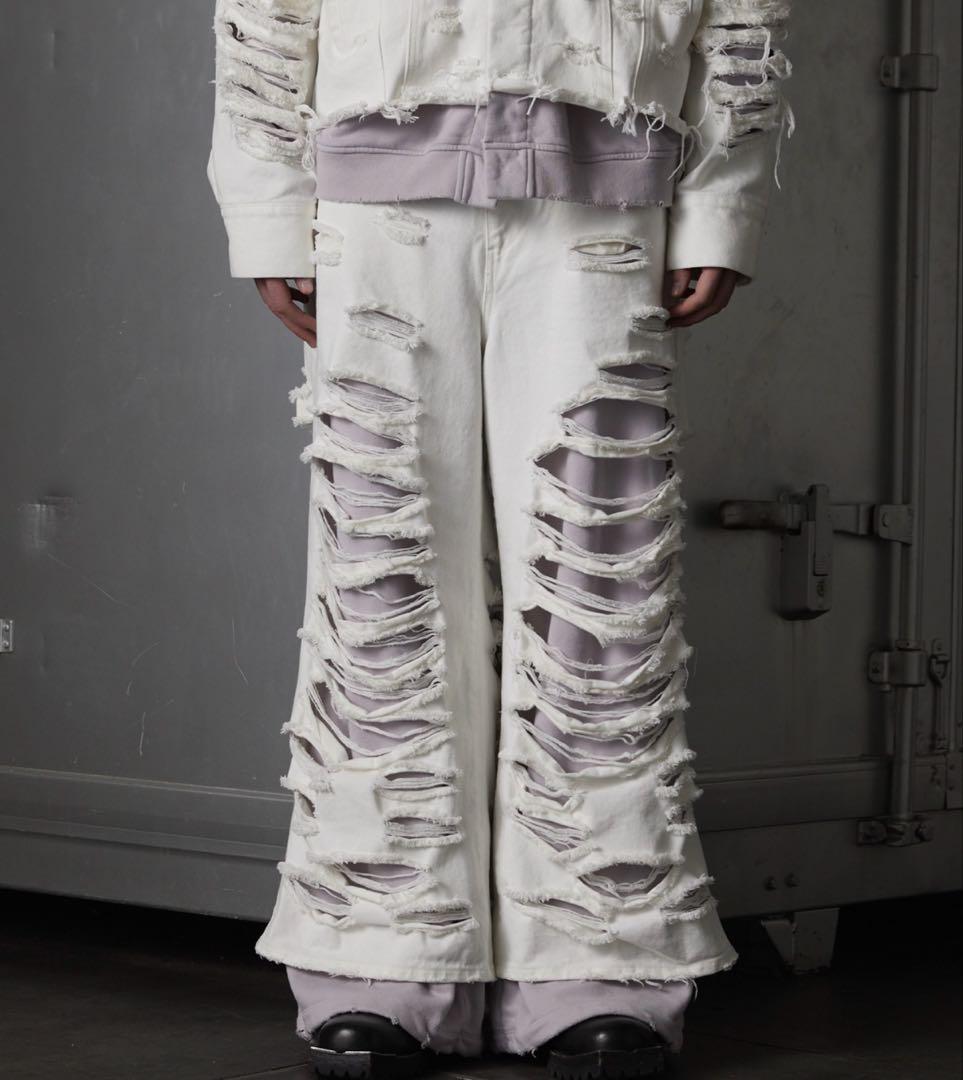 GRANCY】スウェットドッキングデザインダメージバギーデニムパンツ S