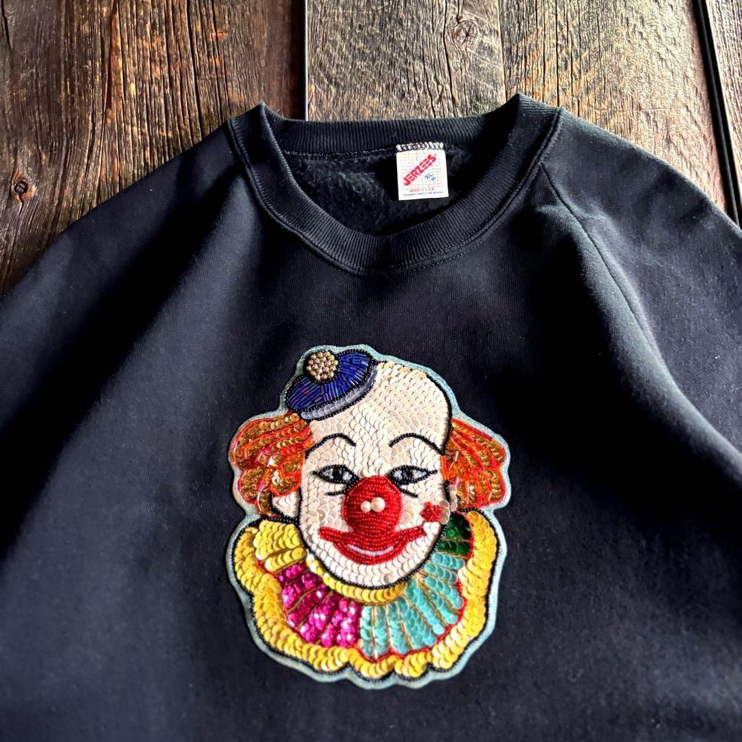 80s USA製 ジャージーズ ラグランスウェット ピエロ スパンコール刺繍XL